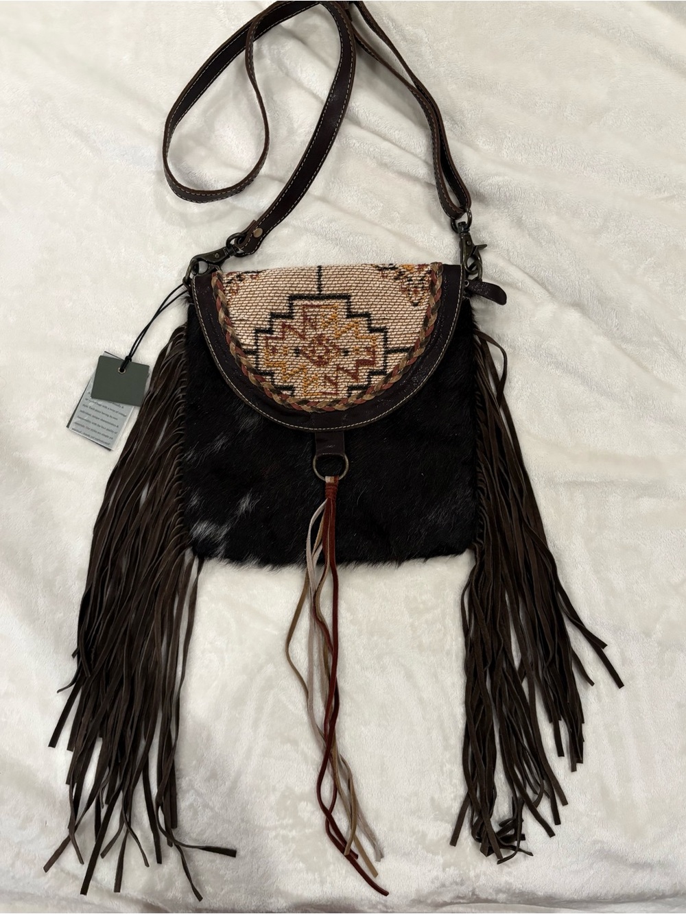 Myra Bag Dark Brown Cowhide Leather Fringe Crossbody with Embroidered Flap